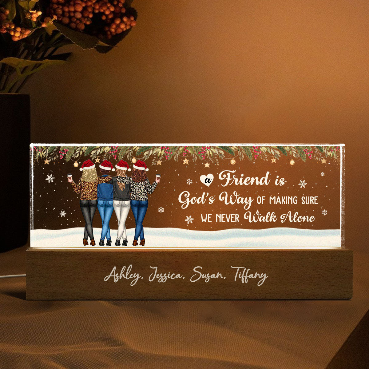 Christmas Friends Standing In Snow Personalized Acrylic Block LED Night Light