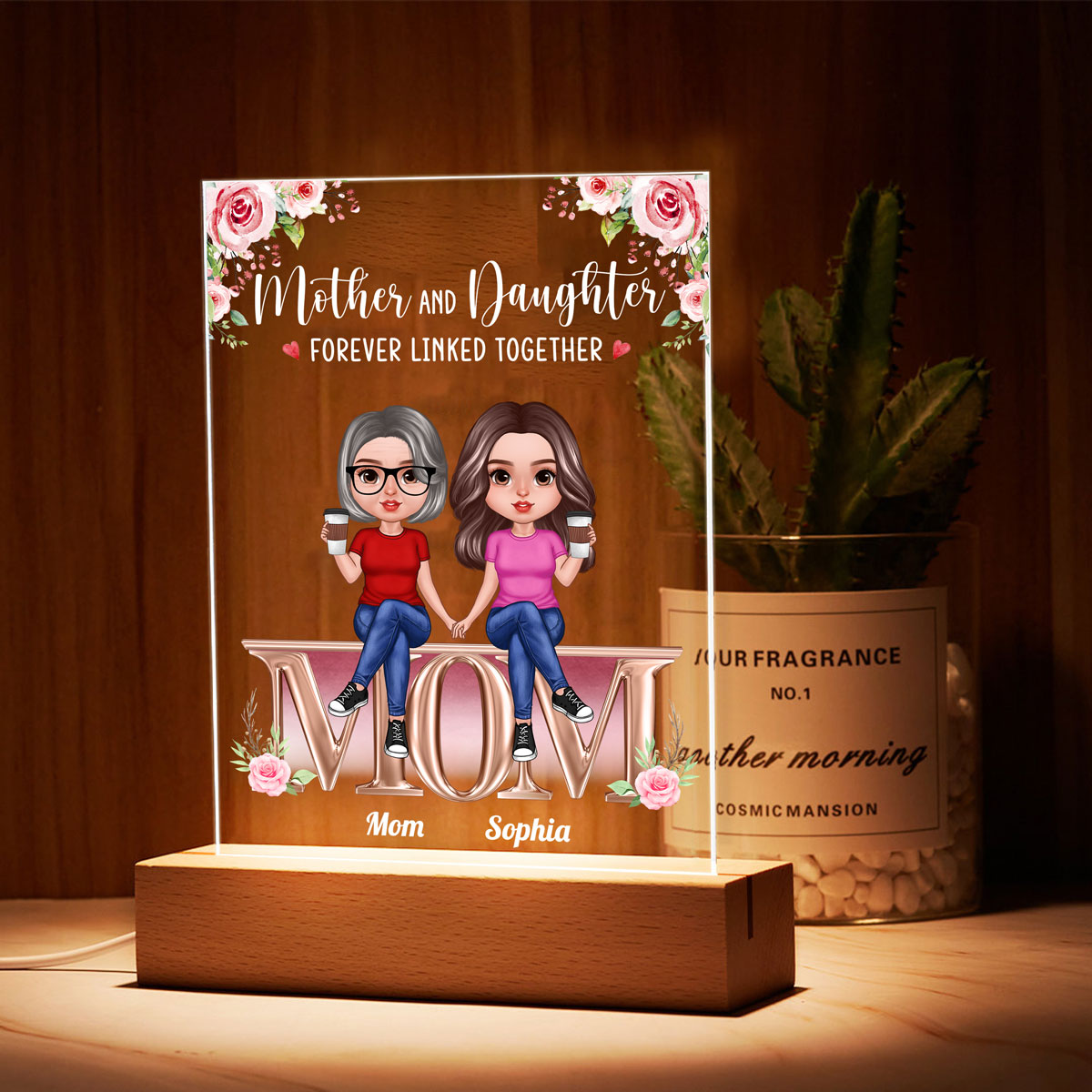 Realistic Mother Daughters Sitting On Text Personalized Acrylic LED Night Light