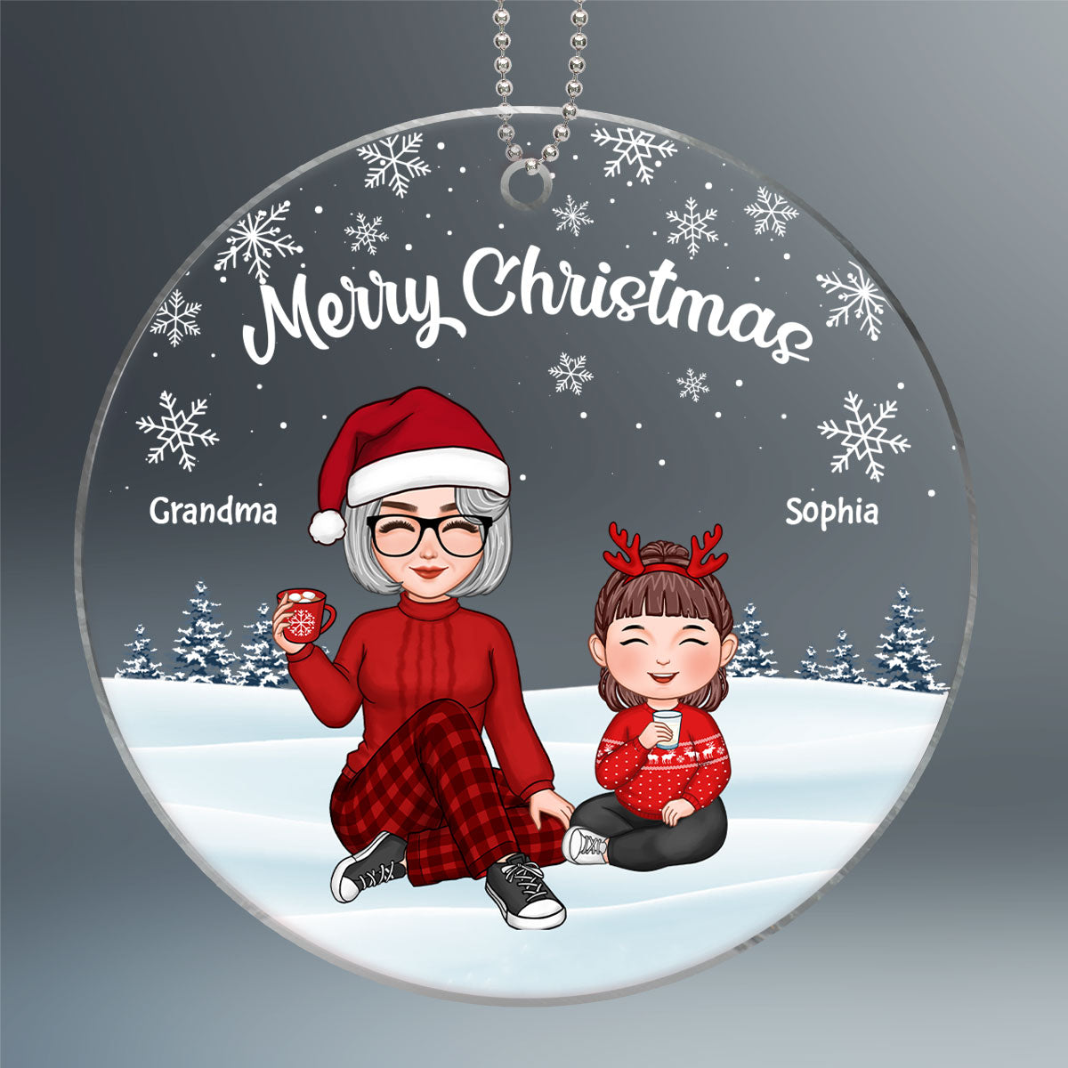 Cute Grandma & Grandkids Sitting In Snow Personalized Acrylic Ornament