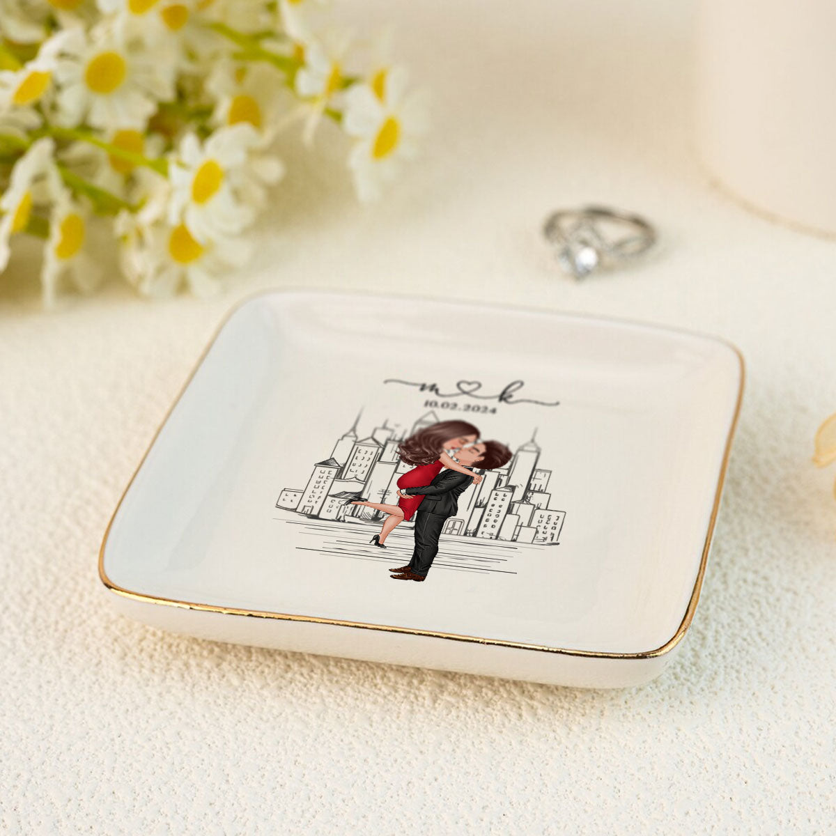 Couple Hugging Kissing Outline Landscape Personalized Jewelry Dish, Gift for Her