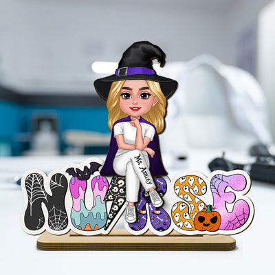 Nurse Sitting Halloween Pattern Personalized Standing Wooden Plaque