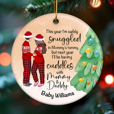 Bump Christmas, Pregnant Couple Ornament, Snuggled in Mommy's Tummy, Personalized Circle Ceramic Ornament