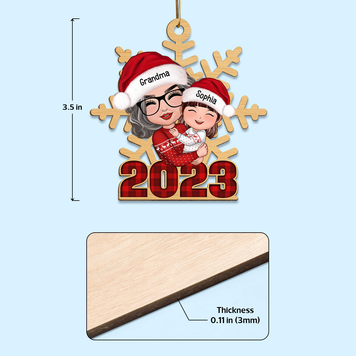 Doll Grandma Hugging Grandkid Snowflake Checkered 2023 Personalized Wooden Ornament
