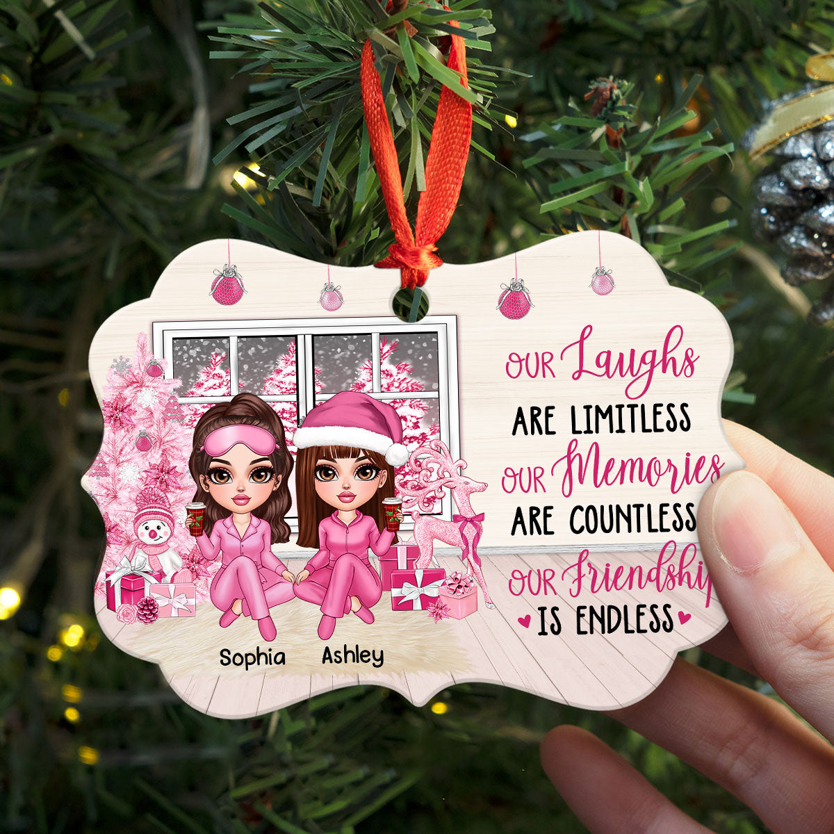Pink Window Christmas Tree Besties Sisters Personalized Christmas Ornament
