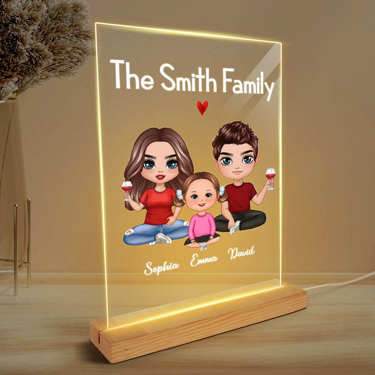 Doll Couple Dad Mom Kids Dogs Cats Personalized Rectangle Acrylic Plaque LED Lamp Night Light
