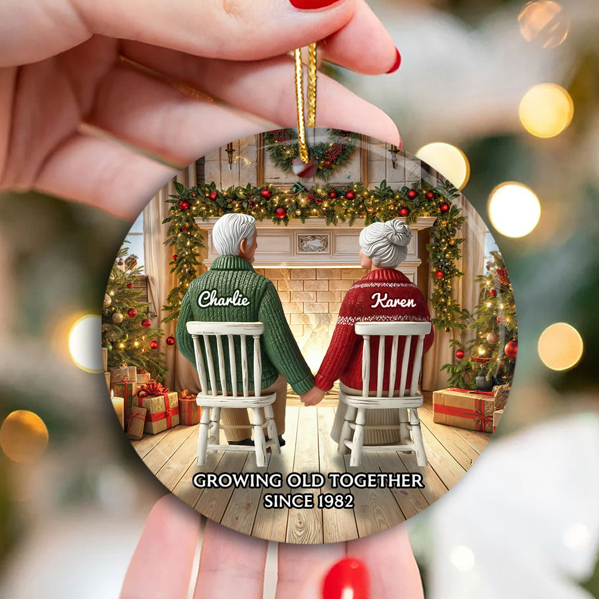 Back View Old Couple Growing Old Together Christmas Personalized Ceramic Ornament, Christmas Gift For Him, For Her, Husband, Wife