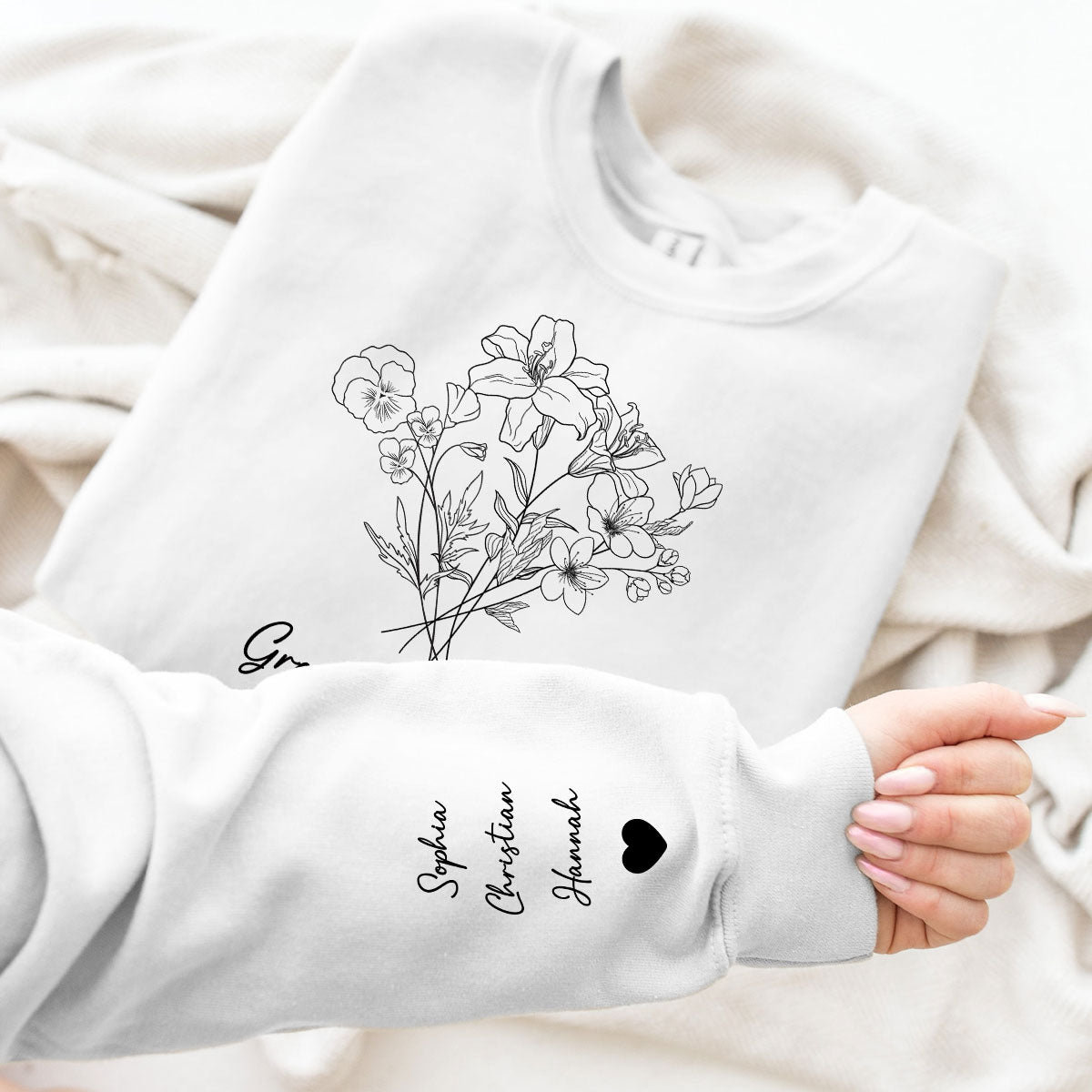 Custom Birth Month Flower Bouquet Grandma Garden Gift Personalized Sleeved Printed Sweatshirt