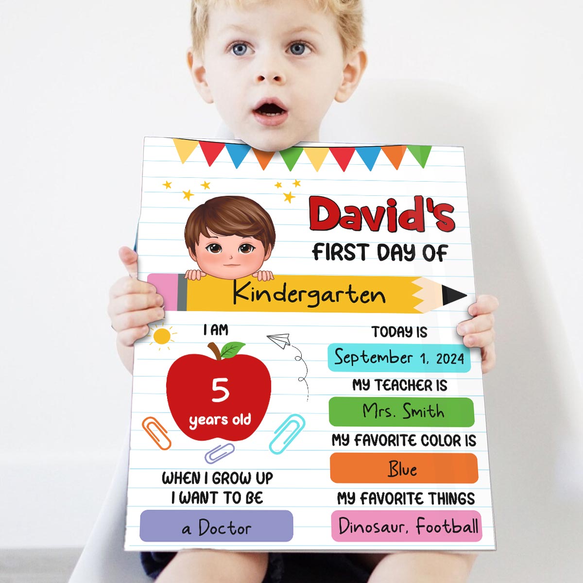 Cute Kid First Day Of School Personalized Board Sign, Editable, Reusable Back To School Sign