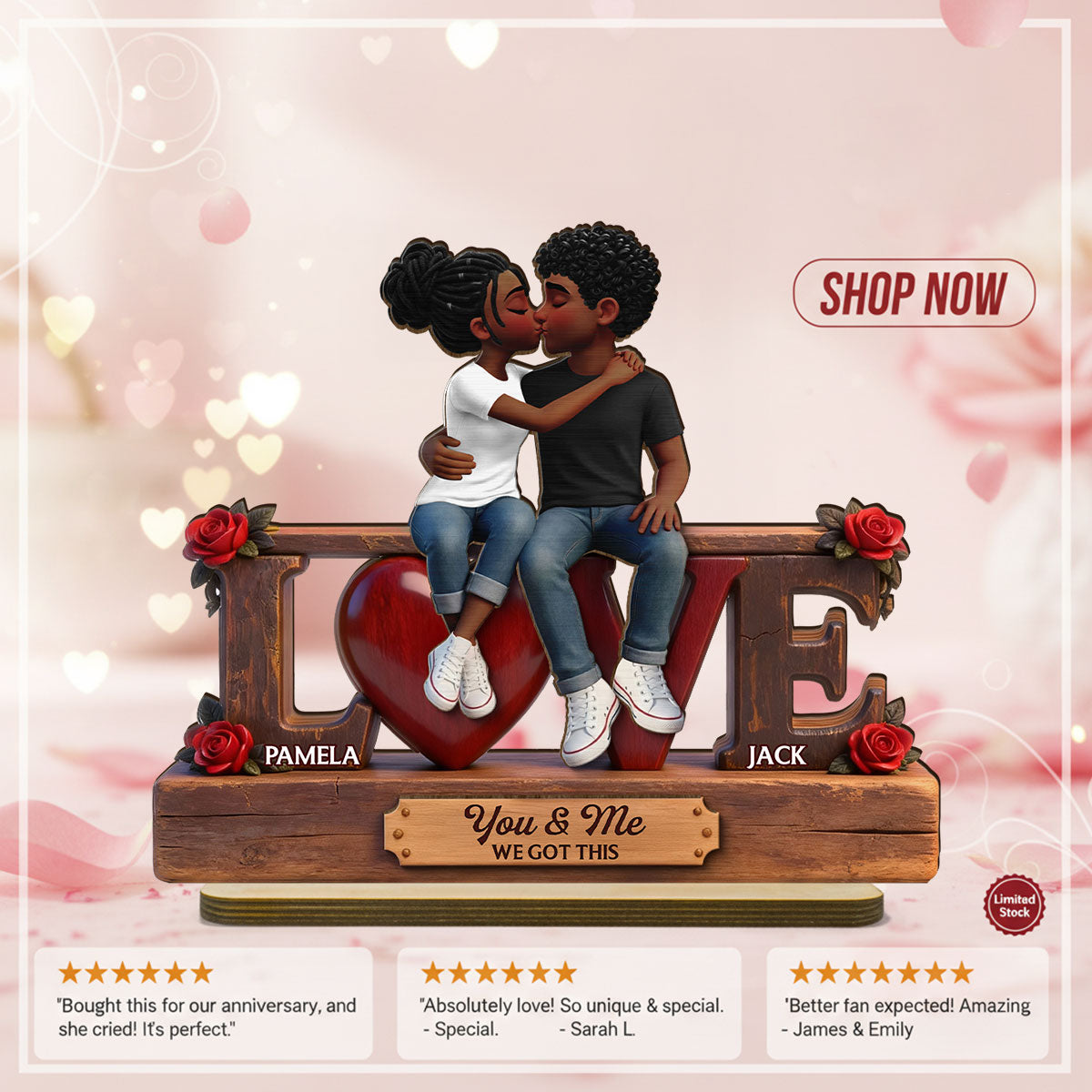 Roses LOVE Couple Sitting Kissing - Personalized 2-Layered Wooden Plaque - Heartfelt Gift For Couple, For Him, For Her