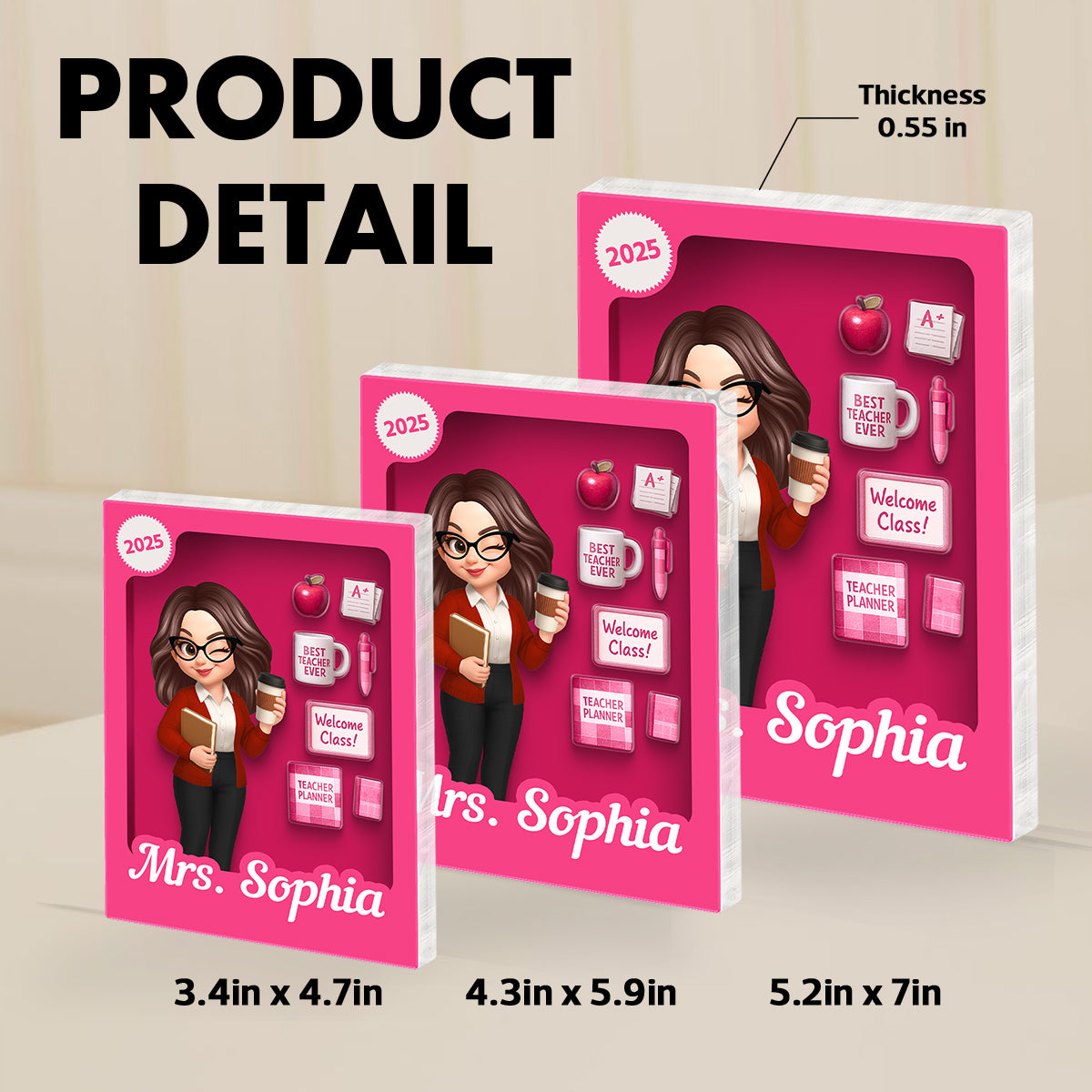 Pretty Teacher 3D Effect Toy Box Action Figure Personalized Acrylic Block, Back To School gift for Teachers