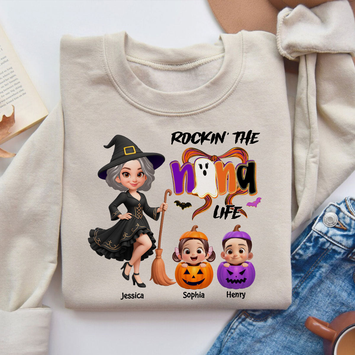 Rockin' Grandma Life Halloween Coquette Bow Grandkids Pumpkins Personalized Sweatshirt