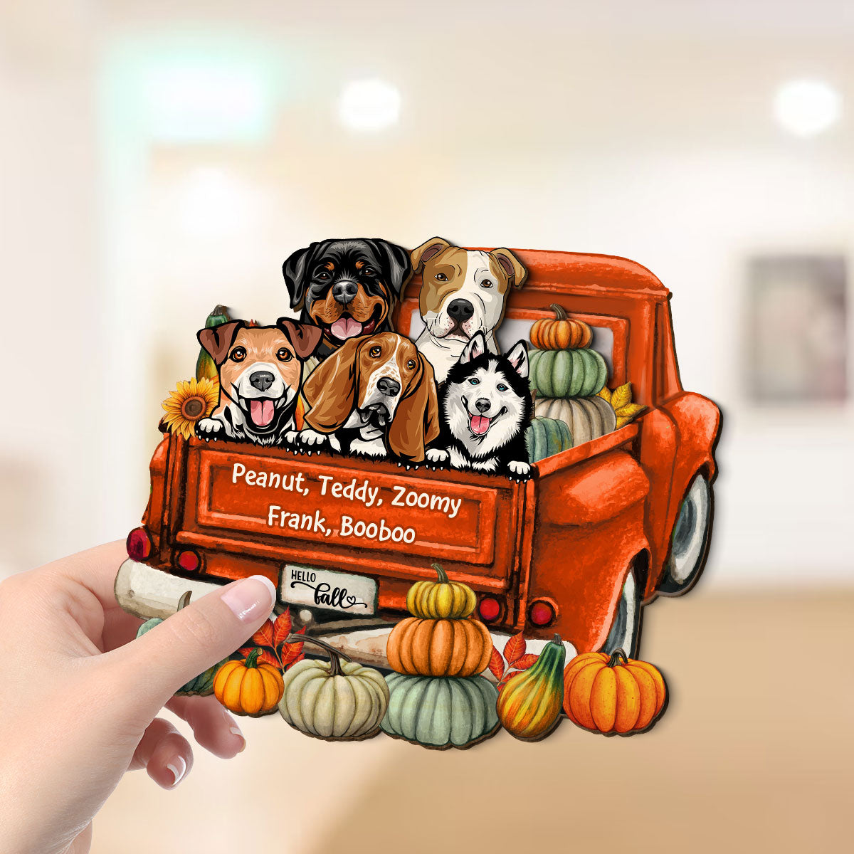 Hello Fall Dogs On Truck Personalized 2-Layered Wooden Plaque