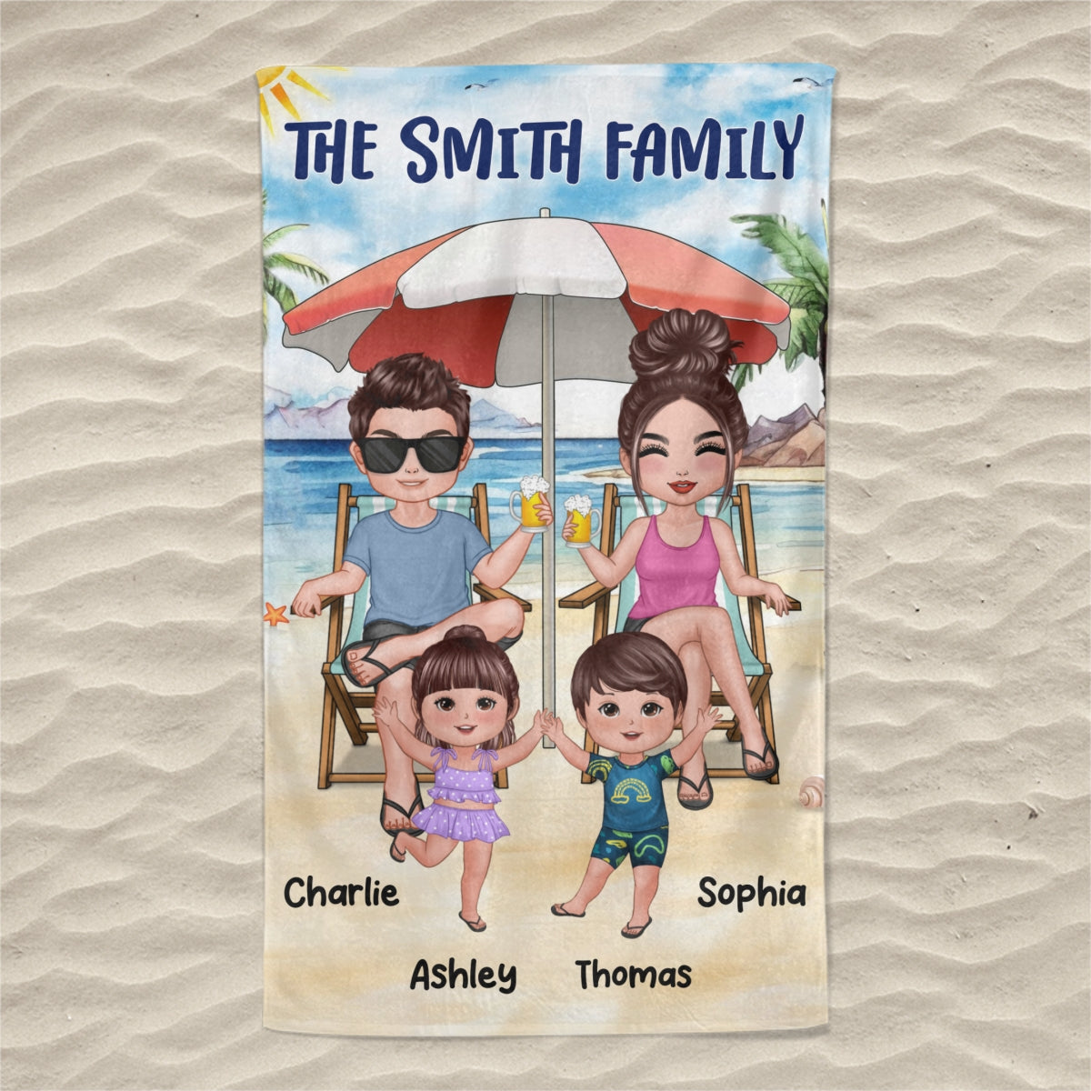 Doll Family Under The Beach Umbrella Personalized Beach Towel