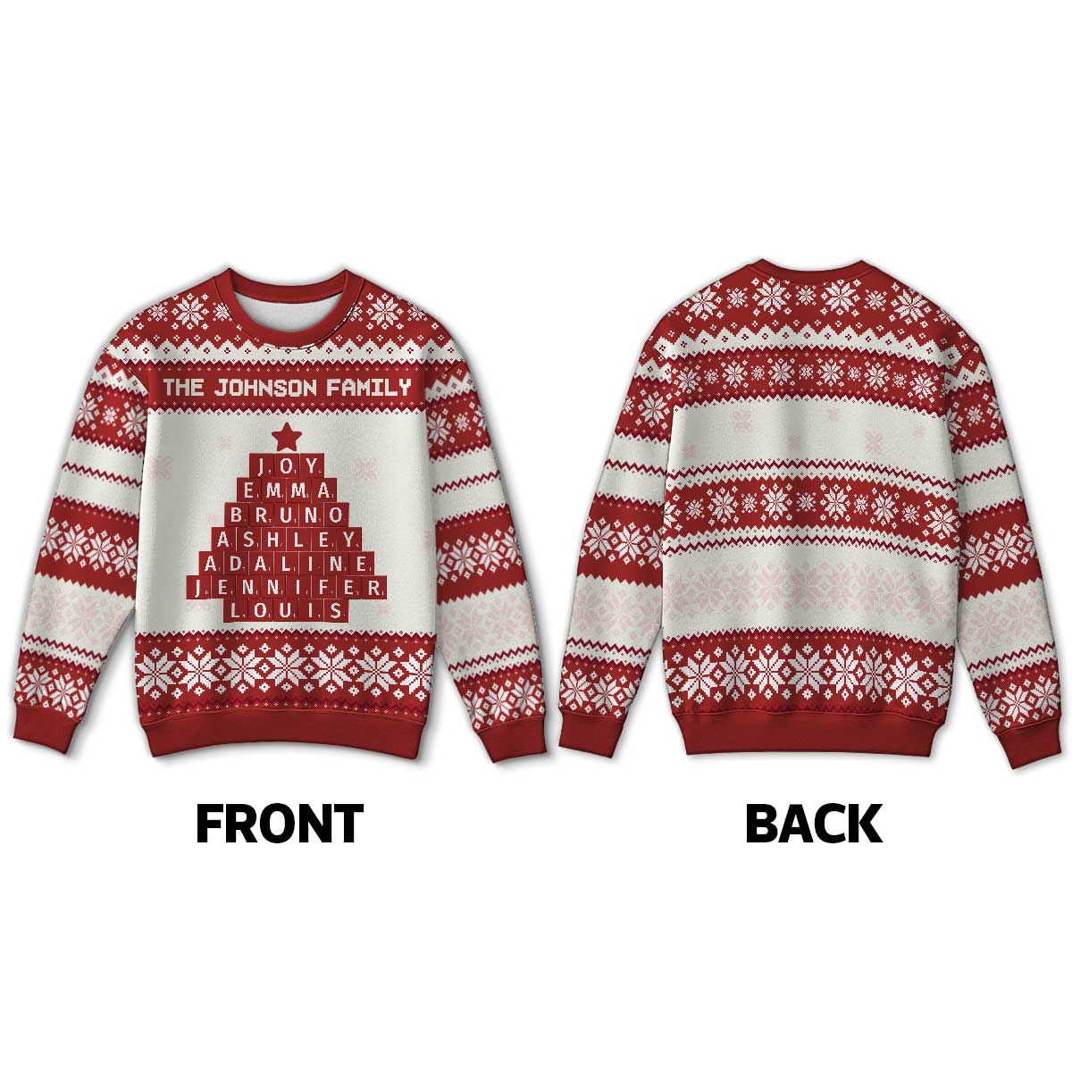 Unique Word Art Family Member Names Personalized Faux Knitting Ugly Sweater