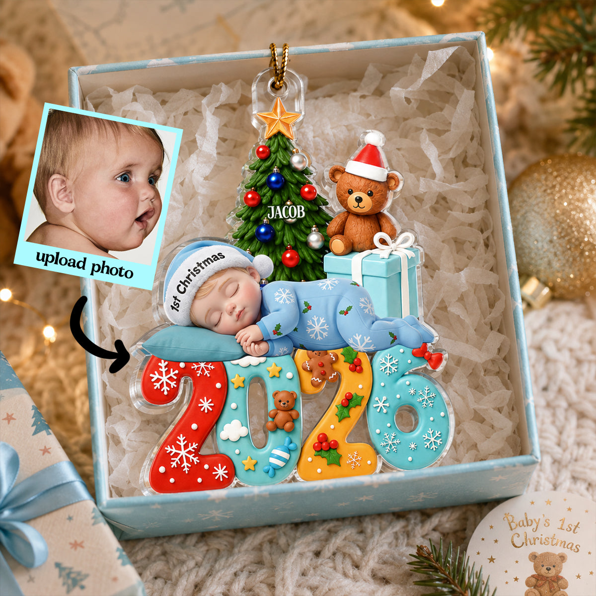 Custom Photo Baby First Christmas 2026 - Personalized Acrylic Ornament - Heartfelt Christmas Gift For Newborn, Baby