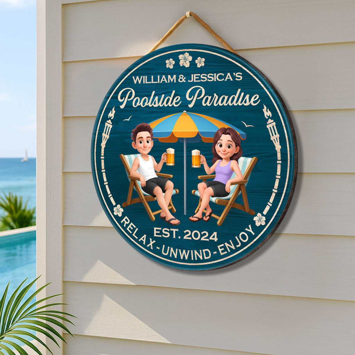 Couple Blue Ocean Poolside Paradise Personalized Wood Sign