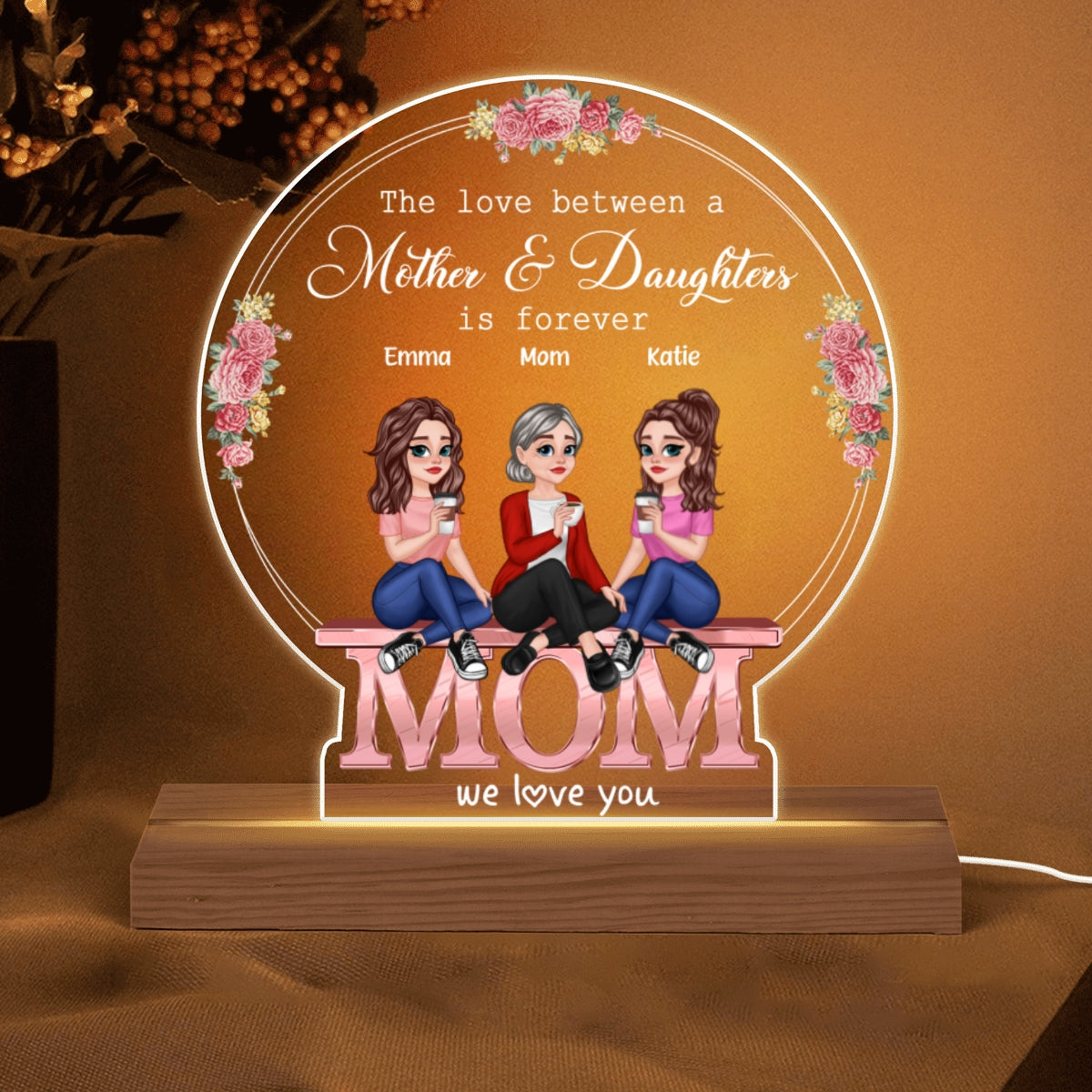 MOM We Love You Pretty Cartoon Mother Daughters Floral Personalized Custom Shape Acrylic Plaque With LED Night Light