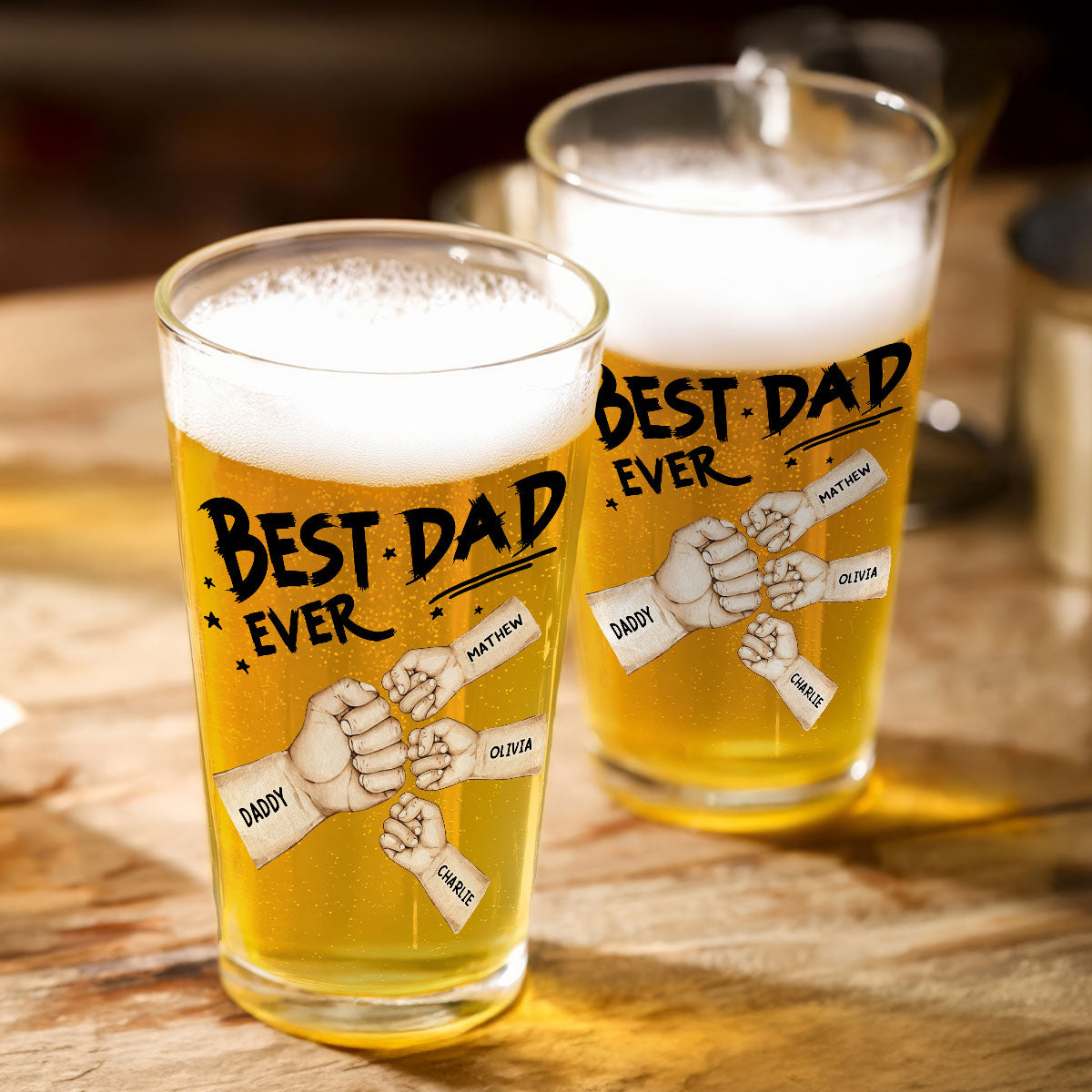 Best Dad Ever Fist Bump Personalized Beer Glass, Unique Birthday Gift For Dad, Father's Day Gift