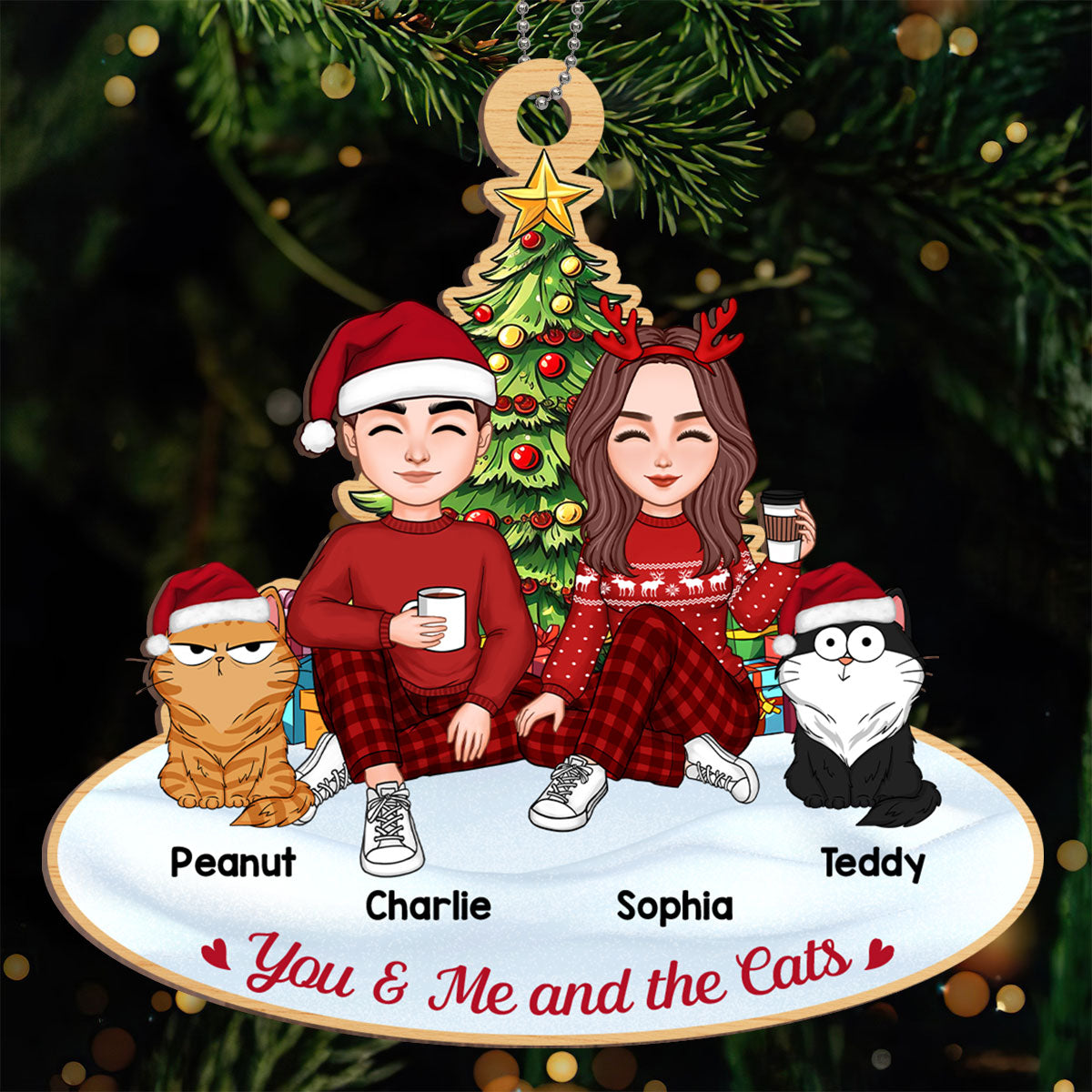 Couple And The Cats Under Christmas Tree Personalized Wooden Ornament
