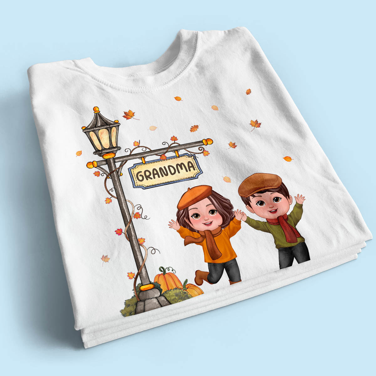 Fall Season Happy Doll Kids Under Lamp Post Personalized Shirt, Fall Season Gift For Grandma