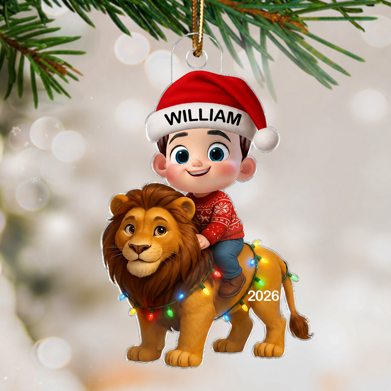 3D Effect Little Kid Jungle Safari Animals Lion Christmas Personalized Acrylic Ornament