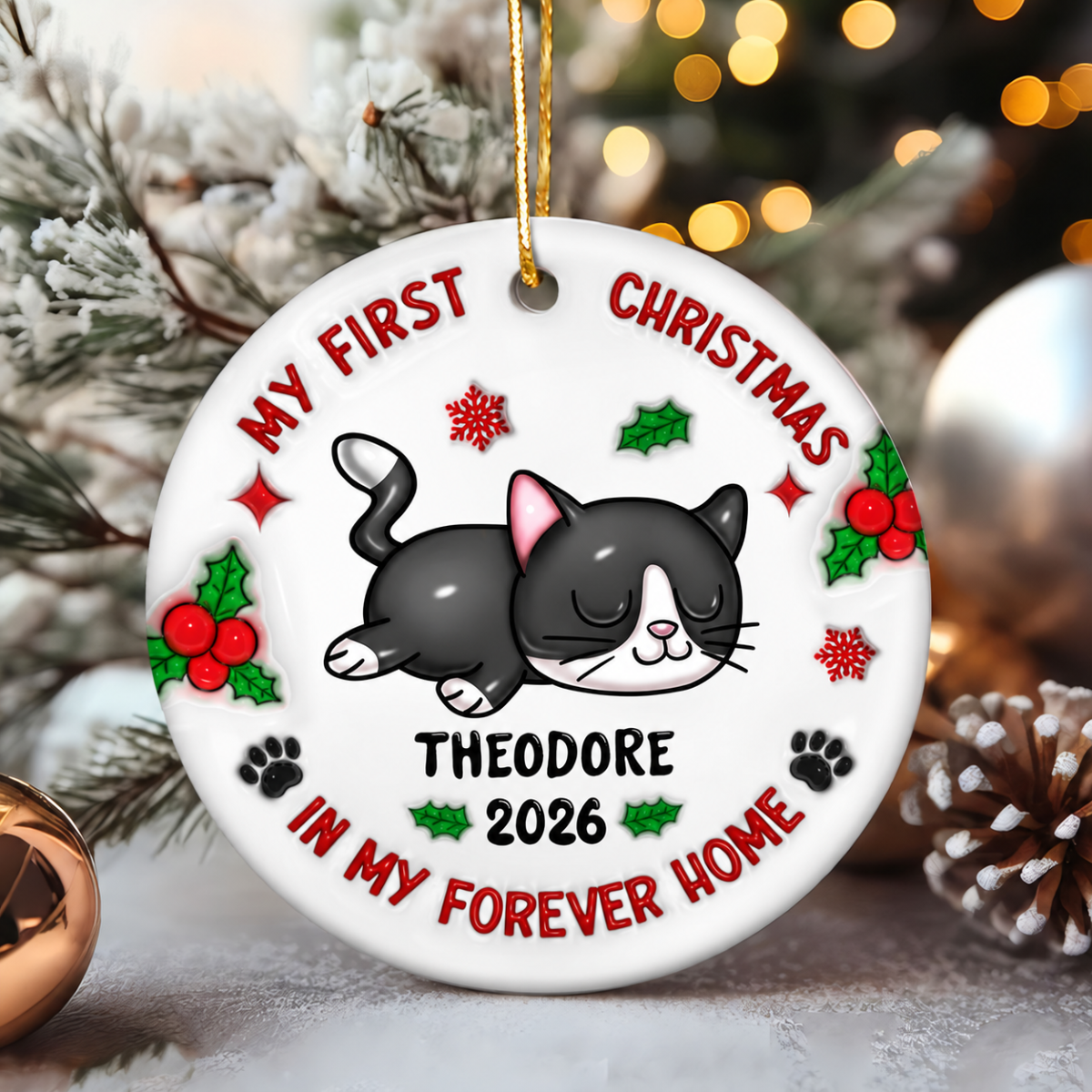 First Christmas In My Forever Home 3D Inflated Cat Lover Personalized Ceramic Ornament
