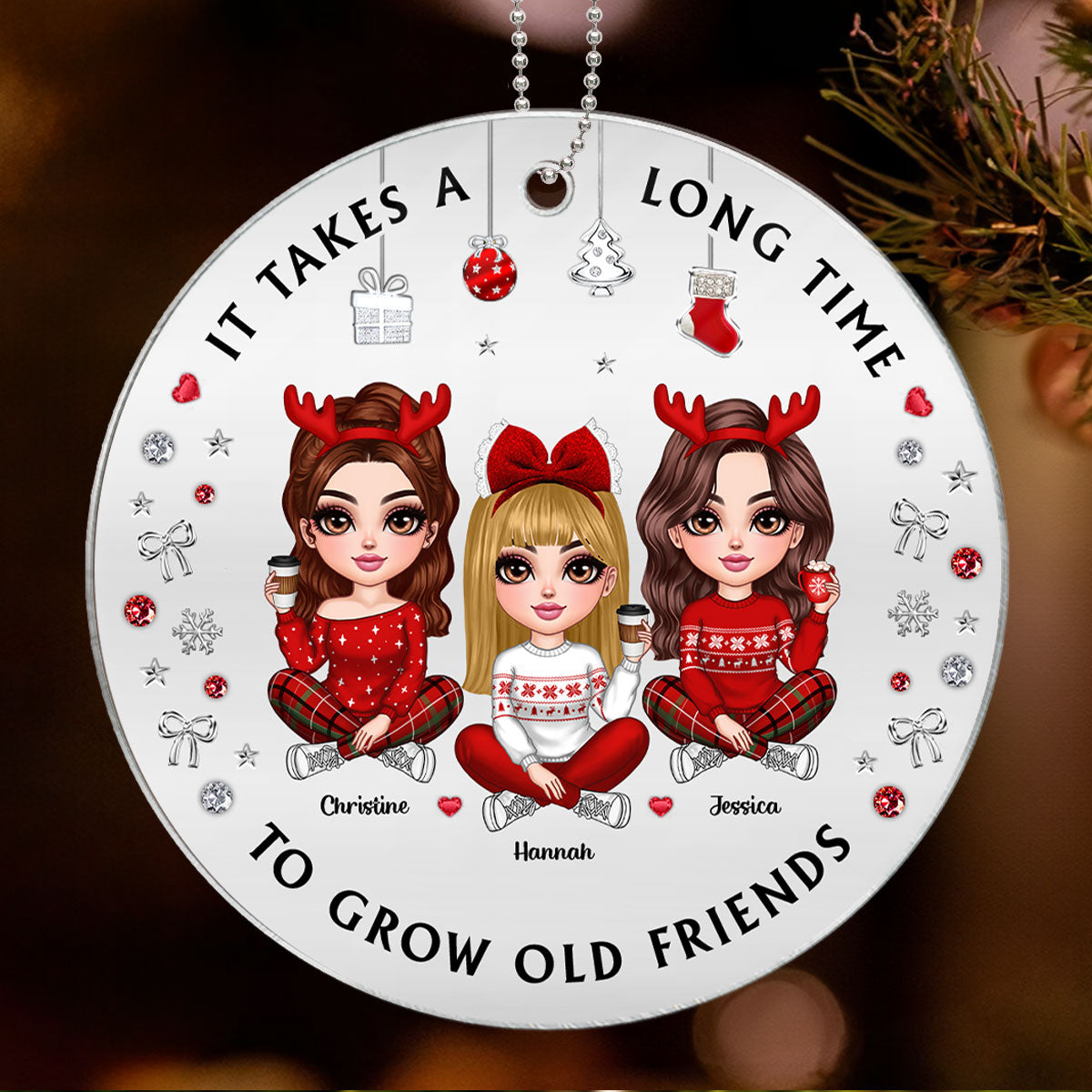 Pretty Besties Sisters Christmas Decoration Metal Patterned Personalized Acrylic Ornament