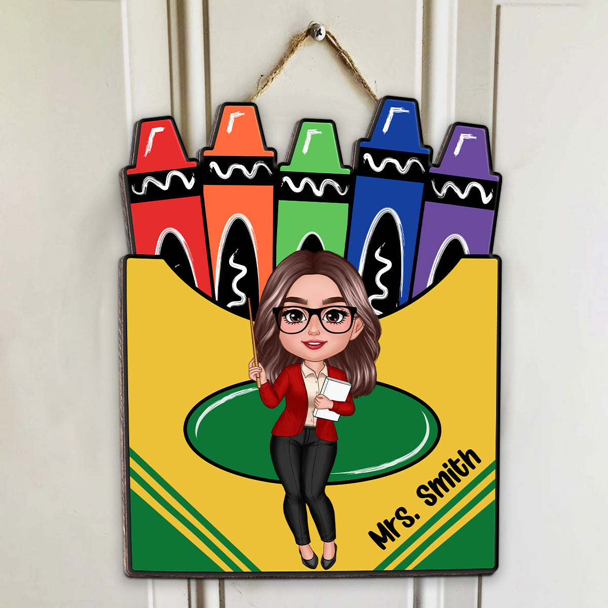 Doll Teacher Crayon Box Personalized Wood Sign, Back To School Gift