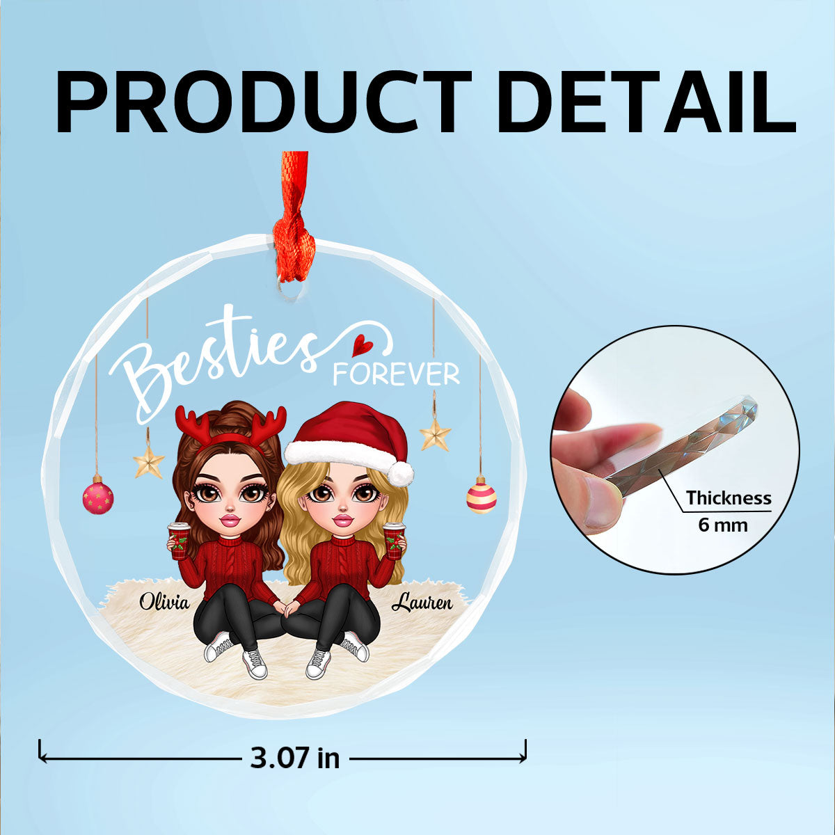 Besties Forever Y2K Best Friends Personalized Glass Ornament, Friendship Christmas Gift