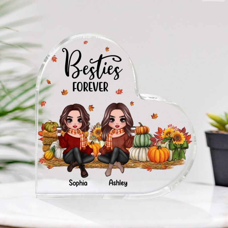 Fall Season Doll Besties Sitting In Pumpkin Patch Personalized Heart Acrylic Plaque