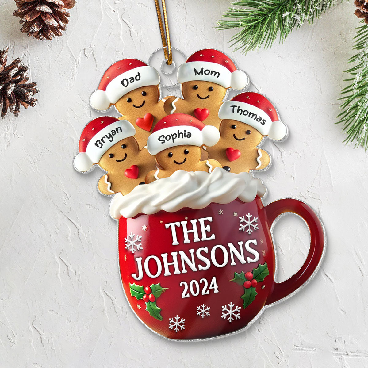 3D Effect Gingerbread Family In Hot Cocoa Christmas Decor Personalized Acrylic Ornament