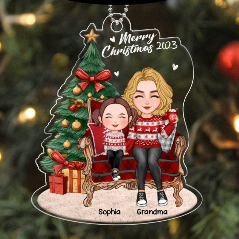 Grandma Grandkid Sitting On Chair By Christmas Tree Personalized Acrylic Ornament