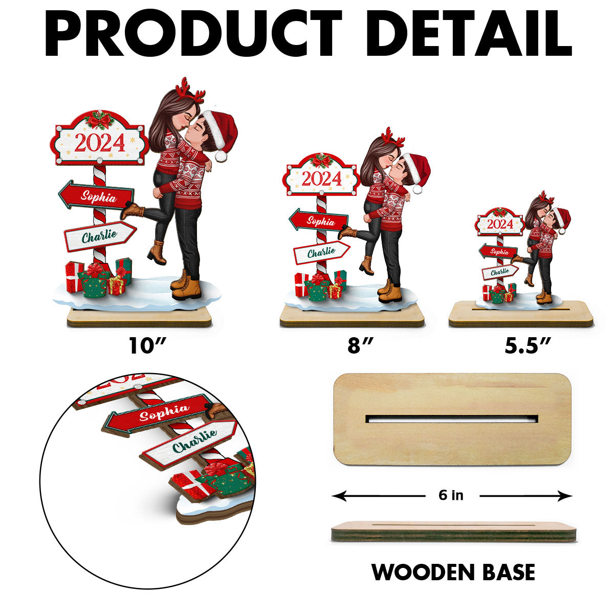 Couple Hugging Kissing North Pole Sign Christmas Decor Personalized 2-Layer Standing Wooden Plaque