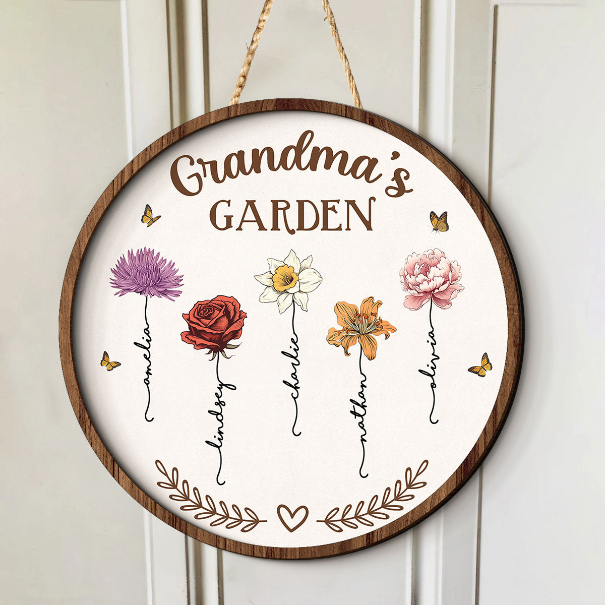 Grandma's Garden Love Grows Here, Birth Month Flower Personalized 2-Layer Wooden Door Sign