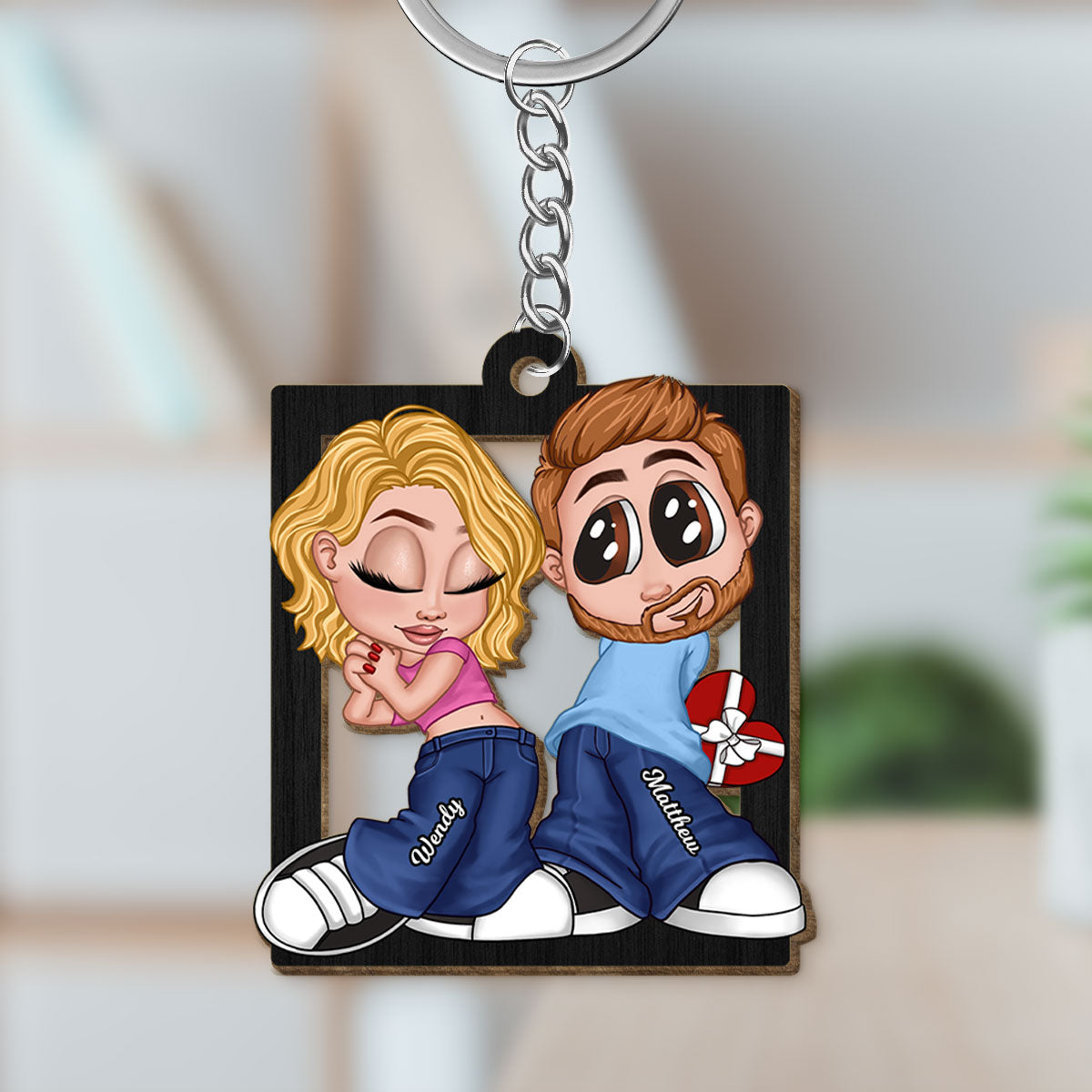 Y2K Couple Frame Personalized Wooden Keychain, Gift For Him, Gift For Her