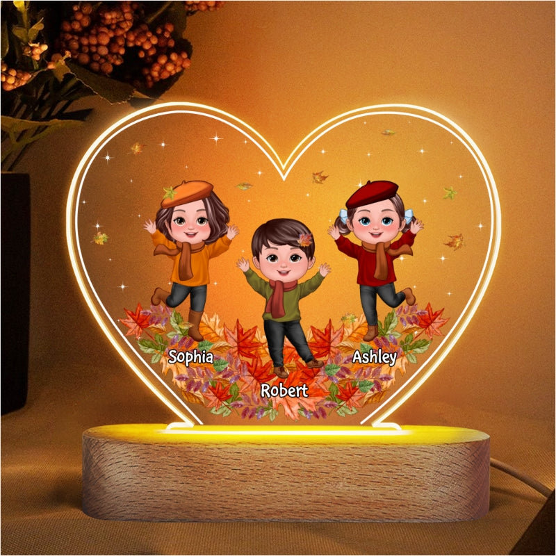 Happy Doll Kids Playing Fall Leaves Personalized Acrylic Heart LED Night Light