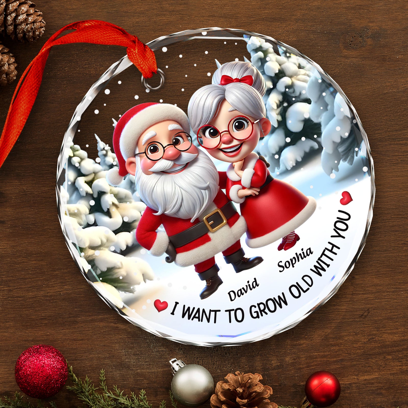 I Want To Grow Old With You Funny Cartoon Couple Christmas Personalized Glass Ornament
