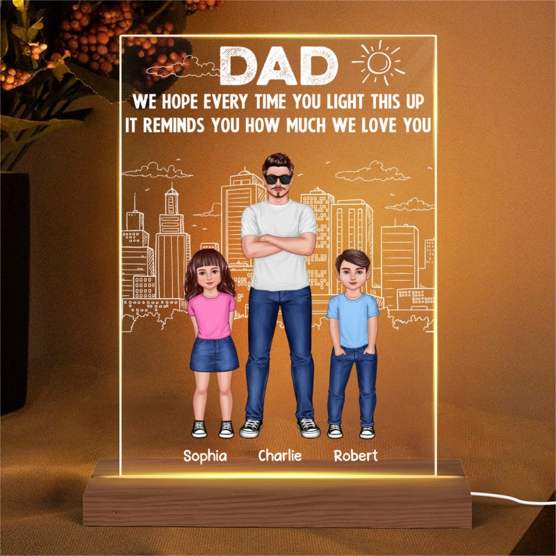 Dad And Kids Standing Front View Outline City Personalized Rectangle Acrylic LED Night Light