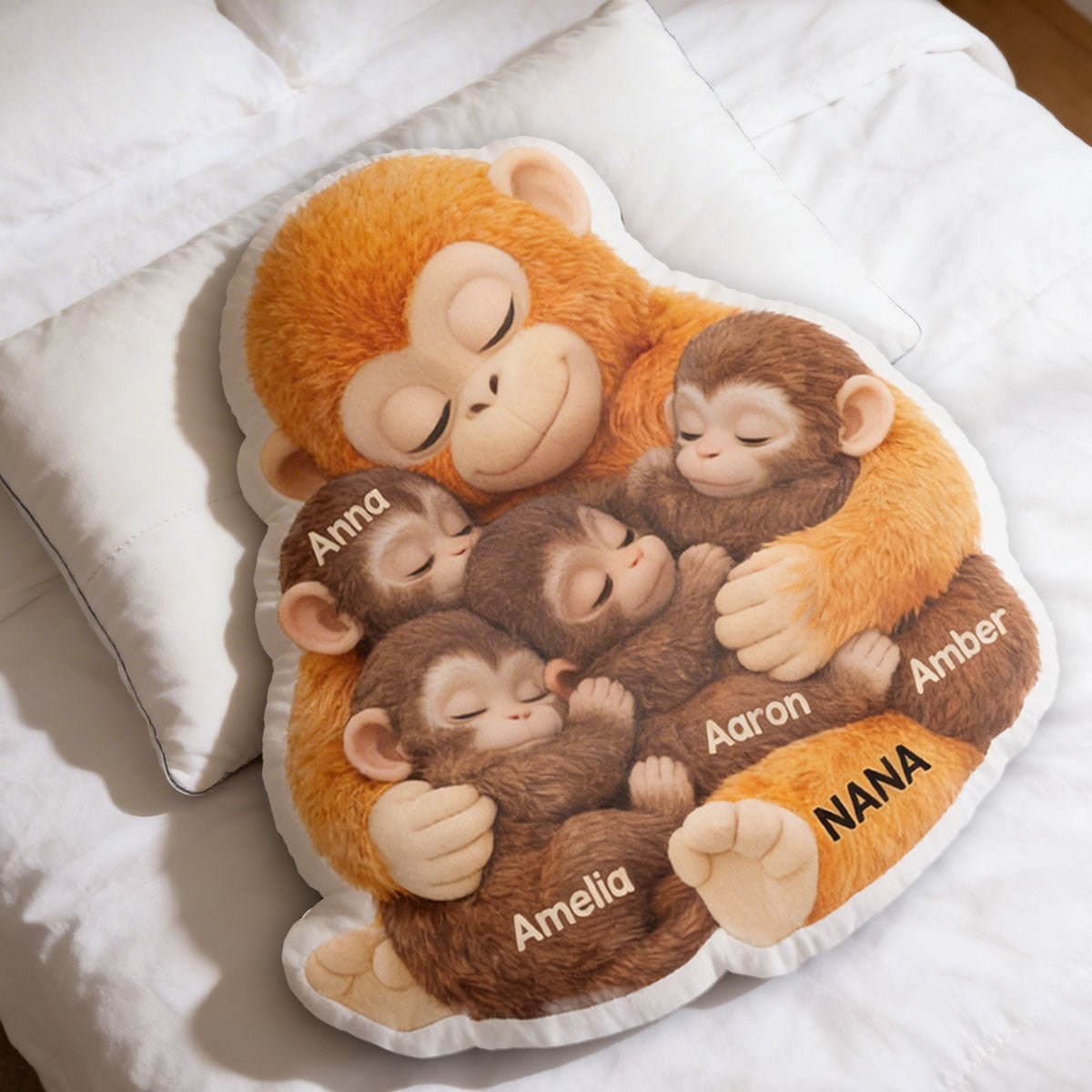 Mother Monkey & Children, Baby Monkey Punch - Personalized Faux Fur Custom Shaped Pillow - Heartfelt Mother's Day Gift for Mom, Wife