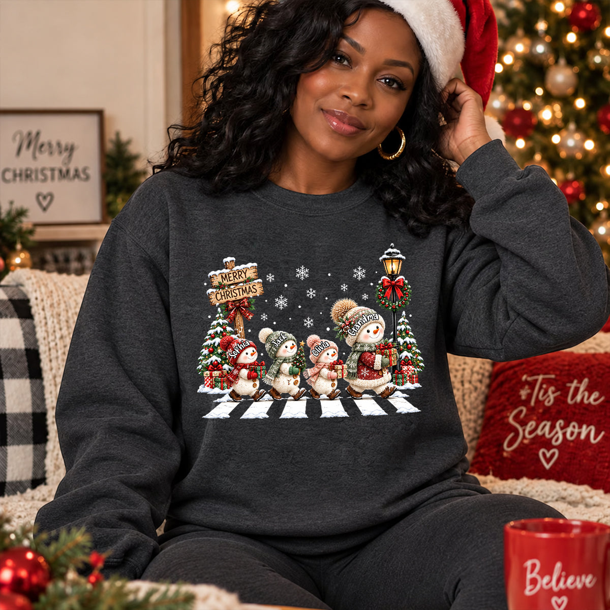 Merry Christmas Snowman Grandma Grandkids Walking - Personalized Shirt - Thoughtful Christmas Gift for Grandma, Mom, Wife