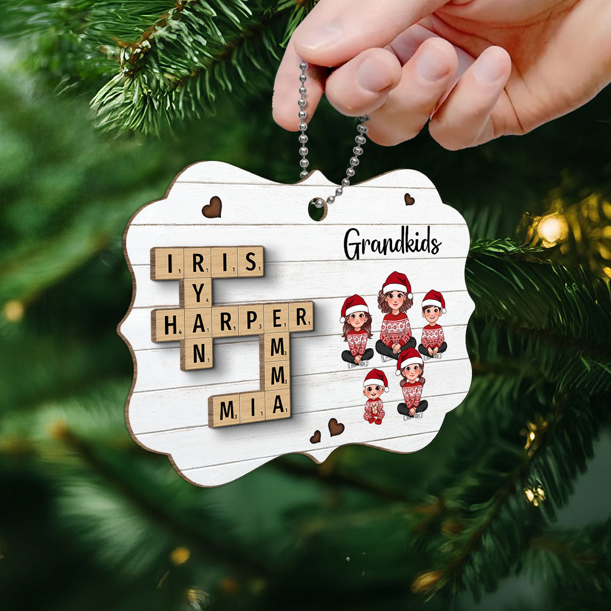 Crossword Puzzle Art Animated Grandma Grandkids Sitting Christmas Personalized 2-Layer Wooden Ornament