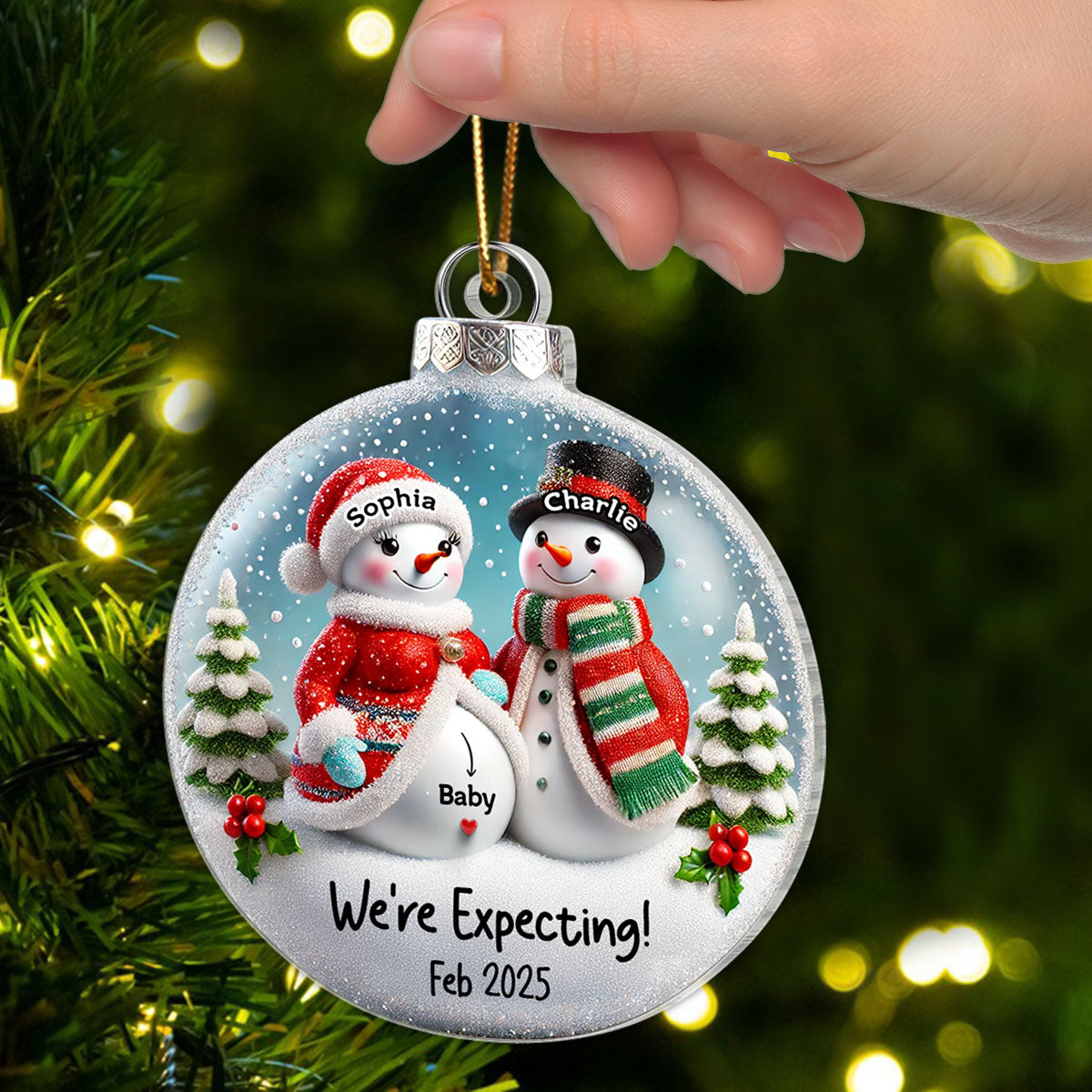 3D Effect Snowman Couple Expecting Parents Pregnancy Announcement Keepsake Personalized Acrylic Ornament