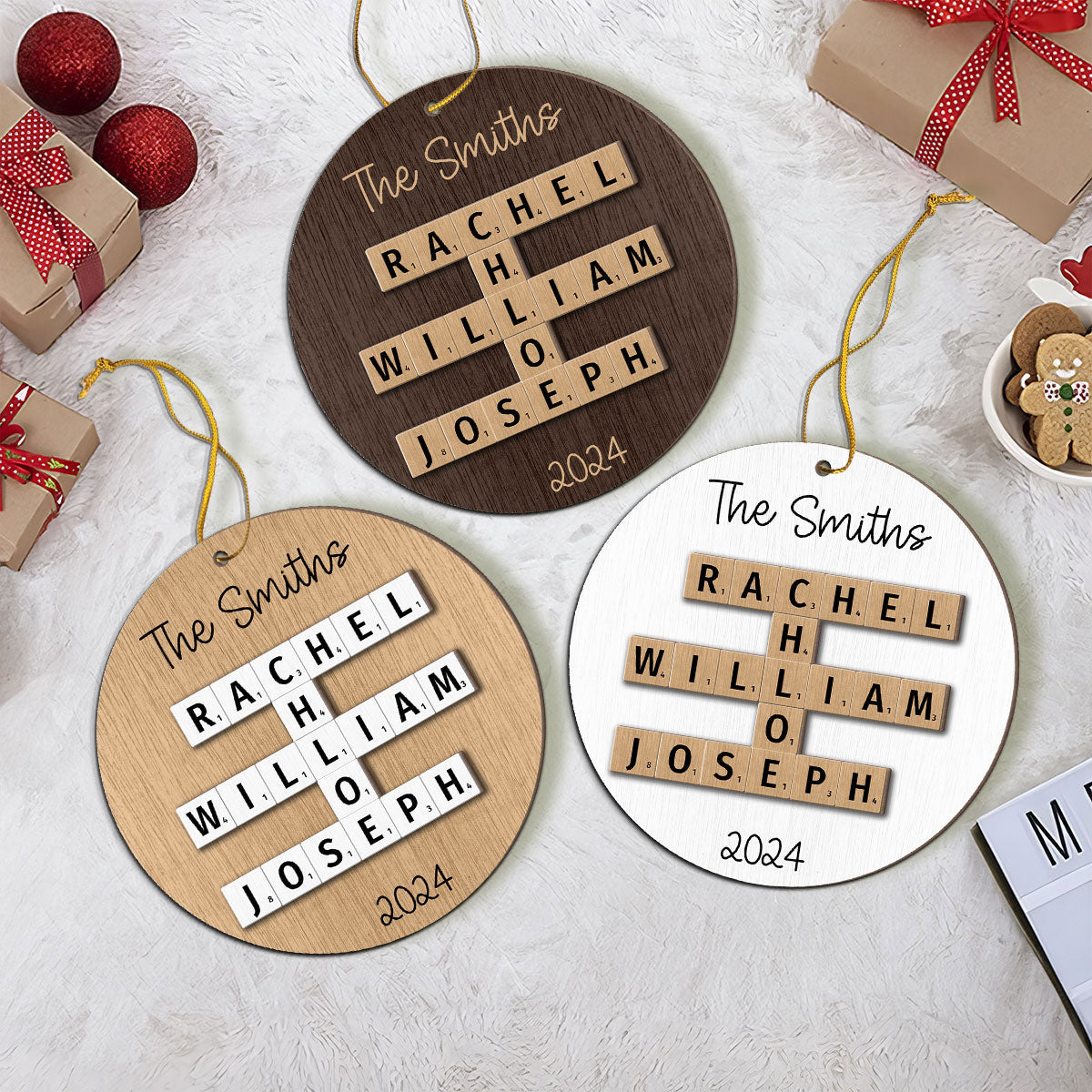 Rustic Family Names Crossword Puzzle Art Personalized 2-Layer Wooden Ornament, Christmas Gift For Family, For Parents, Grandparents, Siblings, Children