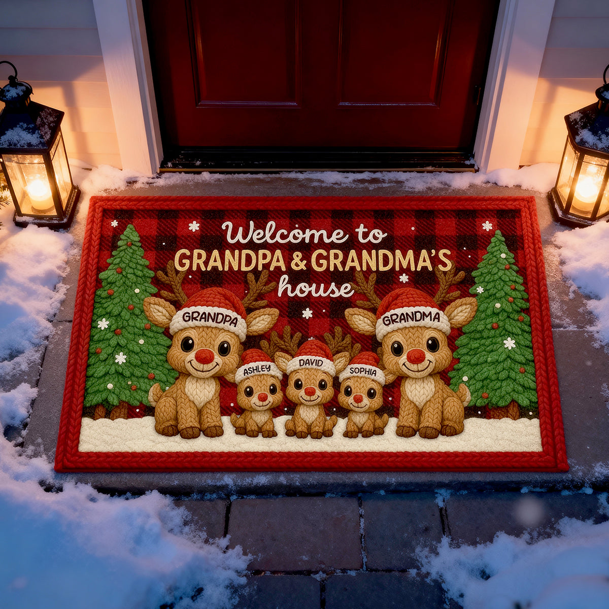 Grandma Grandpa Reindeers Crochet Faux Yarn Texture - Personalized Doormat - Christmas Decoration