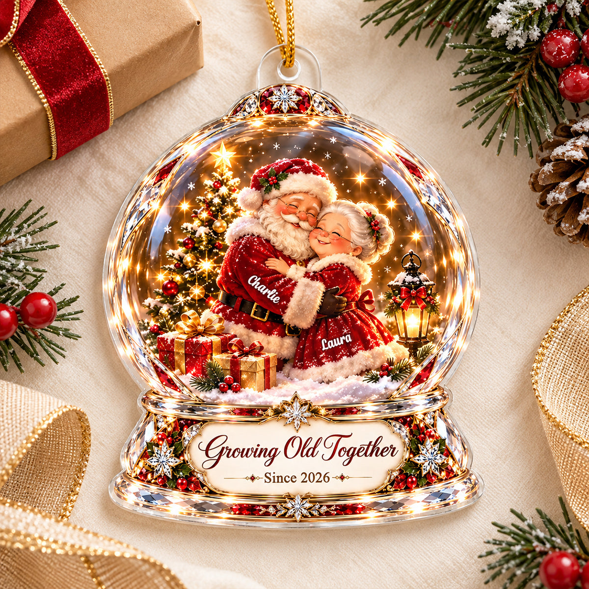 Santa Couple Growing Old Together 2D Flat Printed - Personalized Acrylic Ornament - Christmas Gift for Him, for Her