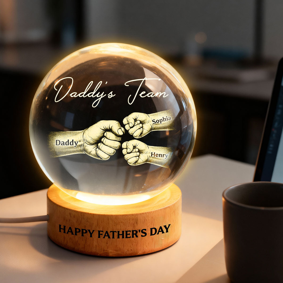 Daddy's Team Fist Bump - Personalized Crystal Ball LED Night Light - Father's Day Gift For Dad, Husband