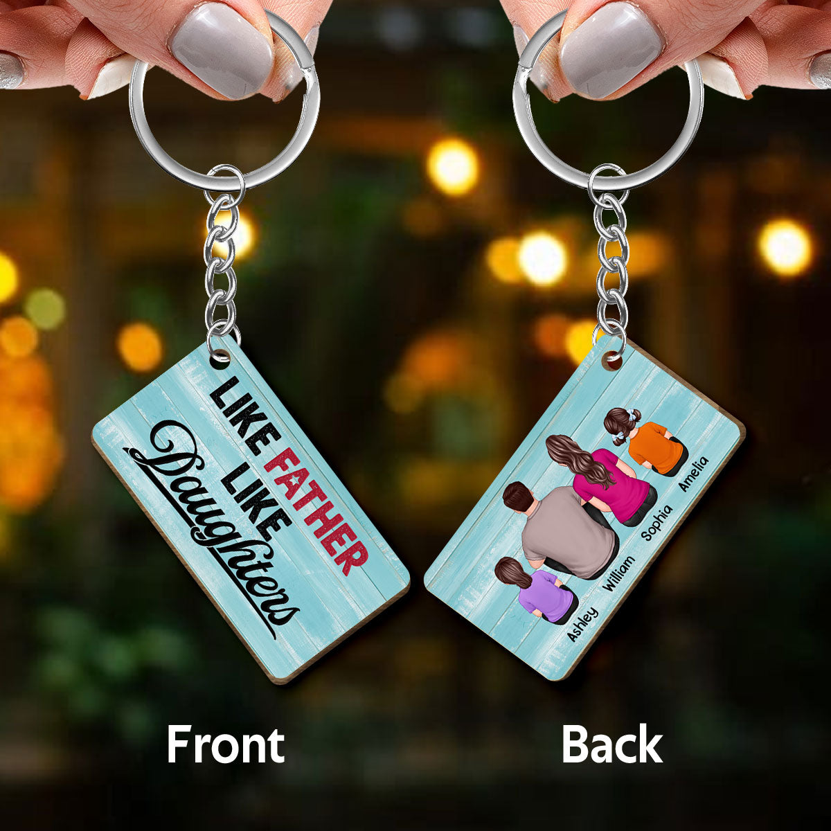 Like Father Like Daughter Blue Background Personalized Wooden Keychain