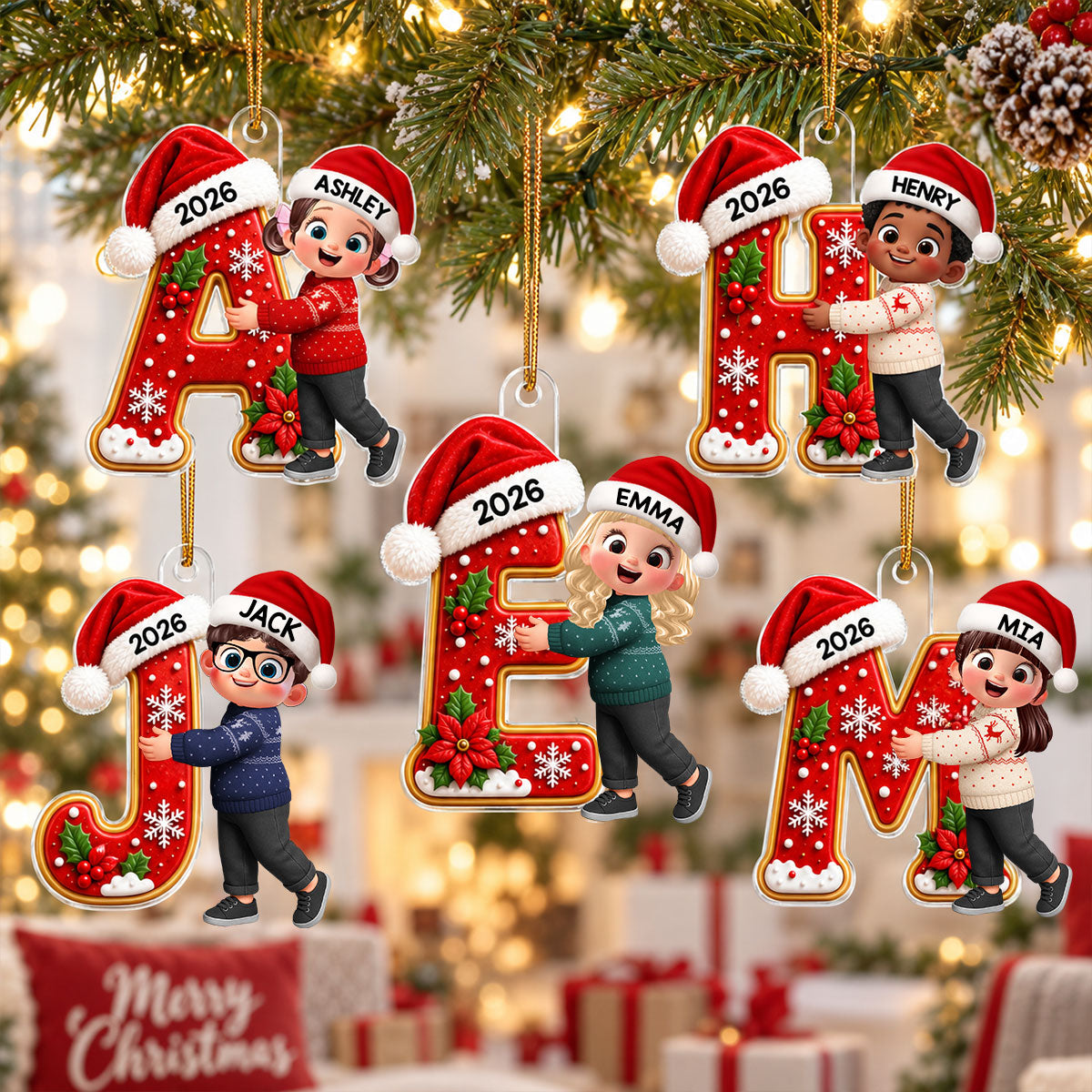 Joyful Christmas Letter Hug - Personalized Acrylic Ornament - Gift For Boys, Girls, Grandkids