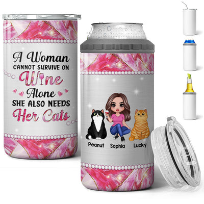 Cat Mom Cannot Survive On Wine Alone Multi Use Tumbler - Personalized 4 In 1 Can Cooler - Gift For Cat Moms