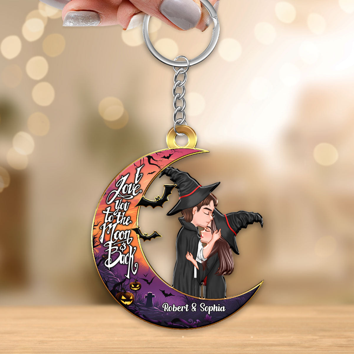 Halloween Couple Kissing On Moon Personalized Keychain